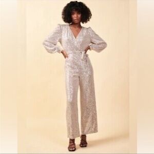 Skies are Blue jumpsuit Sequin wrap balloon sleeved champagne Sz M NWT